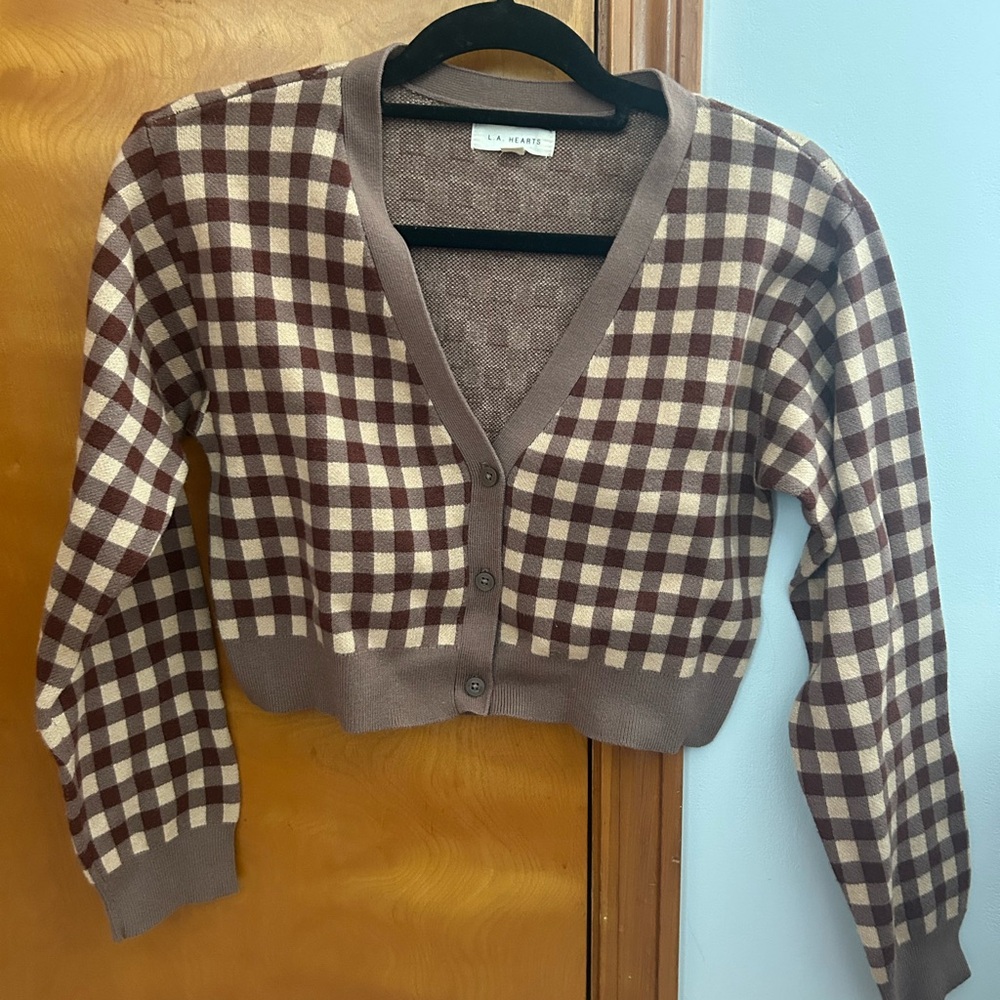 La Hearts Brown and Cream Checkered Cardigan
